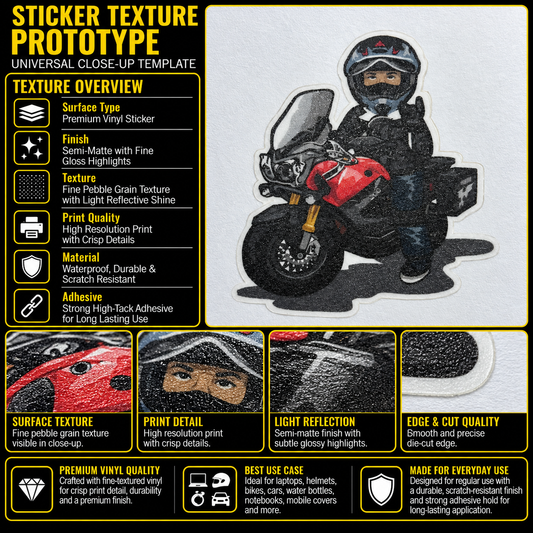 YO Sign Biker motorcycle sticker premium vinyl texture, print quality and die-cut edge detail infographic