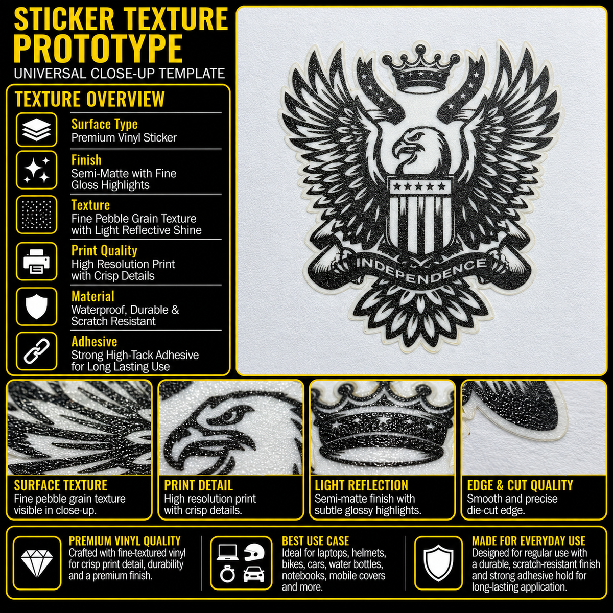 Independence eagle sticker texture infographic showing premium vinyl, semi-matte finish, fine pebble grain and crisp print details