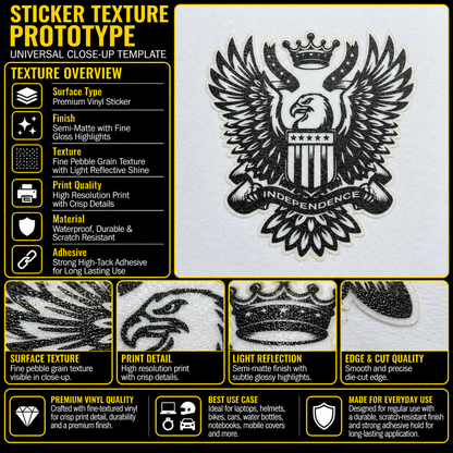 Independence eagle sticker texture infographic showing premium vinyl, semi-matte finish, fine pebble grain and crisp print details