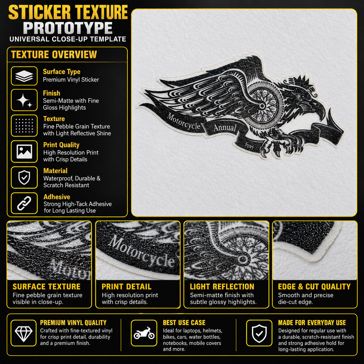 Motorcycle Annual Fest premium vinyl sticker texture infographic showing semi-matte finish, crisp print and smooth die-cut edge