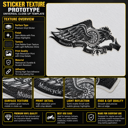 Motorcycle Annual Fest premium vinyl sticker texture infographic showing semi-matte finish, crisp print and smooth die-cut edge