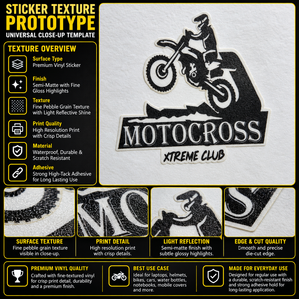 Motocross Xtreme Club premium vinyl sticker texture infographic showing semi-matte finish, crisp print detail and die-cut edge