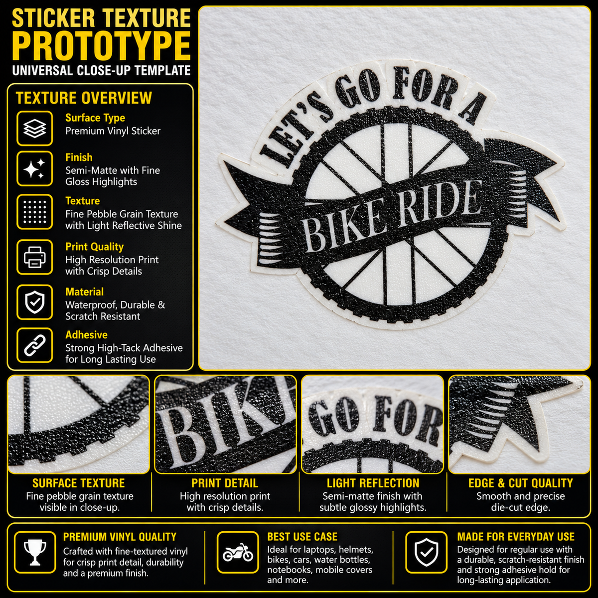 Let’s Go for a Bike Ride sticker texture infographic showing premium vinyl, semi-matte finish, fine pebble grain and crisp print quality