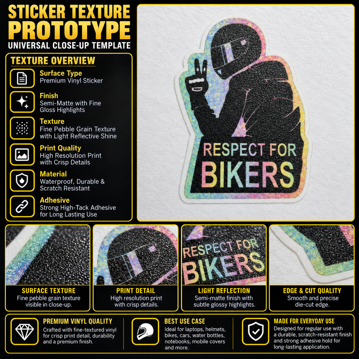 Respect for Bikers Motorcycle Sticker premium vinyl texture showing semi-matte finish, print detail and die-cut edge quality
