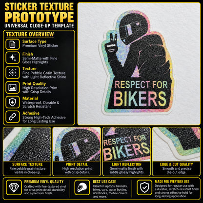 Respect for Bikers Motorcycle Sticker premium vinyl texture showing semi-matte finish, print detail and die-cut edge quality
