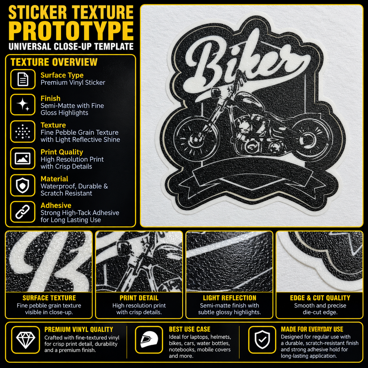 Biker premium vinyl sticker showing fine pebble grain texture, semi-matte finish, crisp black and white print and precision die-cut edge