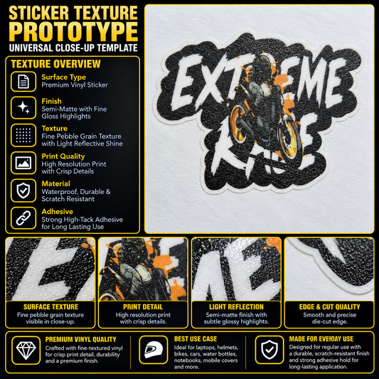 Extreme Ride motorcycle rider premium vinyl sticker with black white and orange design and die-cut border