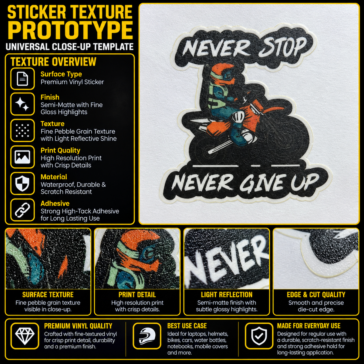 Never Stop Never Give Up premium vinyl biker sticker texture infographic showing semi-matte finish, crisp print detail and die-cut edge quality