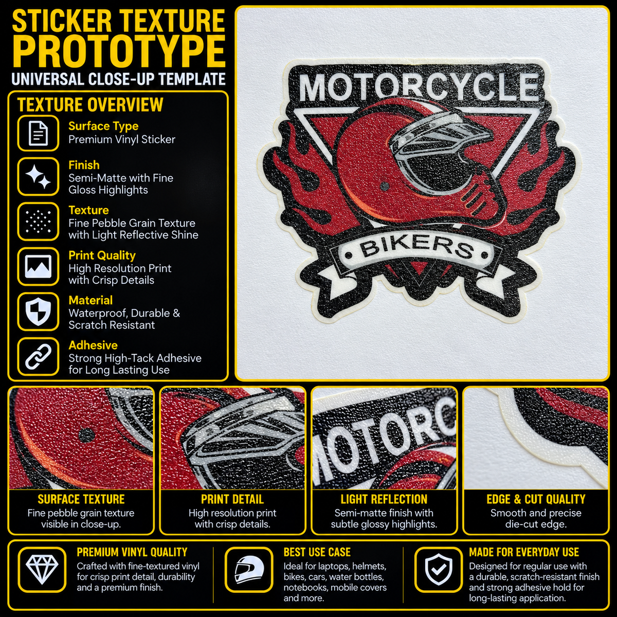 Motorcycle Bikers premium vinyl sticker texture infographic showing semi-matte finish, crisp printing and precise die-cut edge