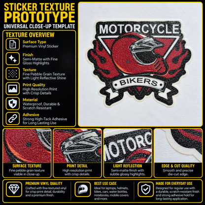 Motorcycle Bikers premium vinyl sticker texture infographic showing semi-matte finish, crisp printing and precise die-cut edge