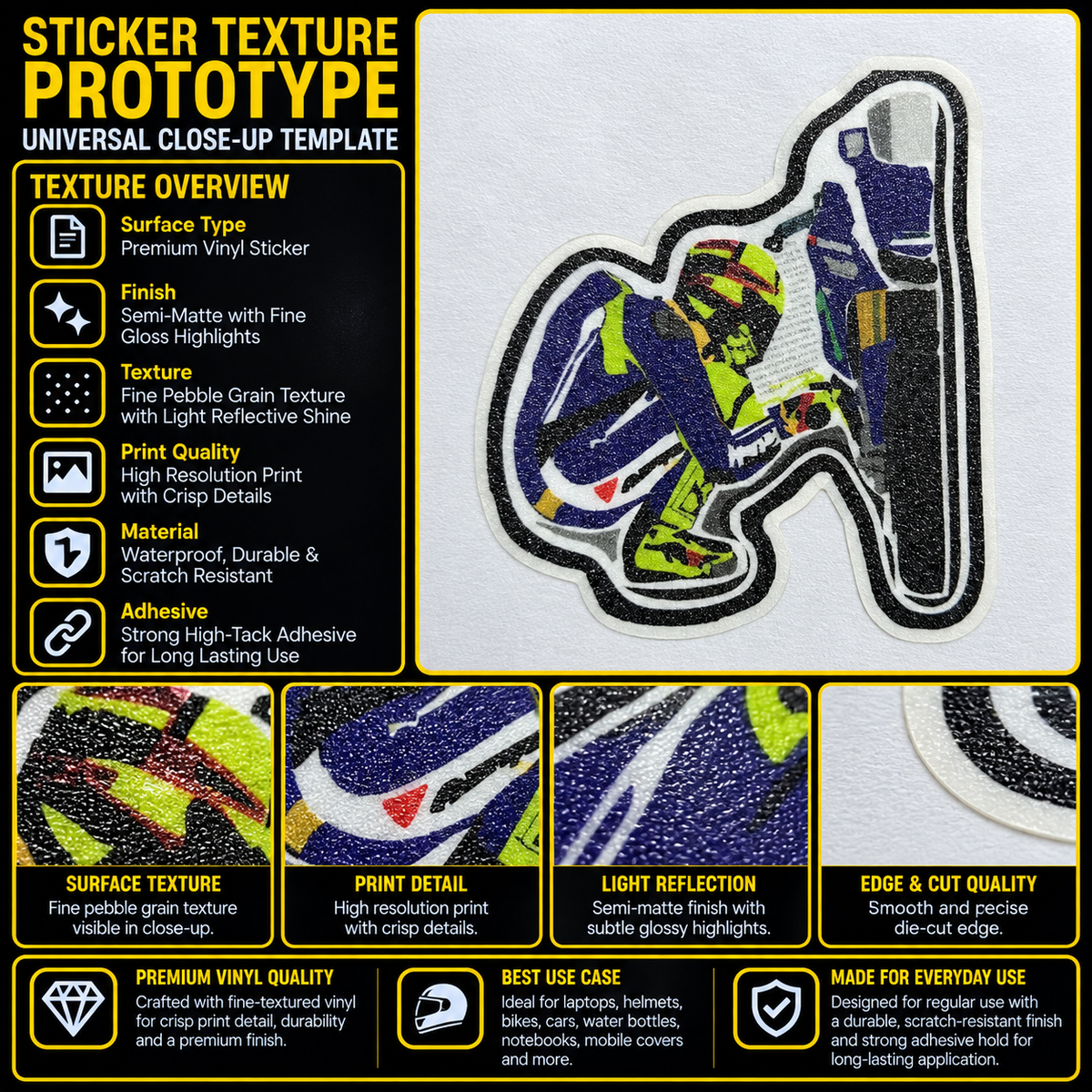 Biker Bike Repair premium vinyl sticker showing fine pebble grain texture, semi-matte finish, crisp colorful print and precision die-cut edge