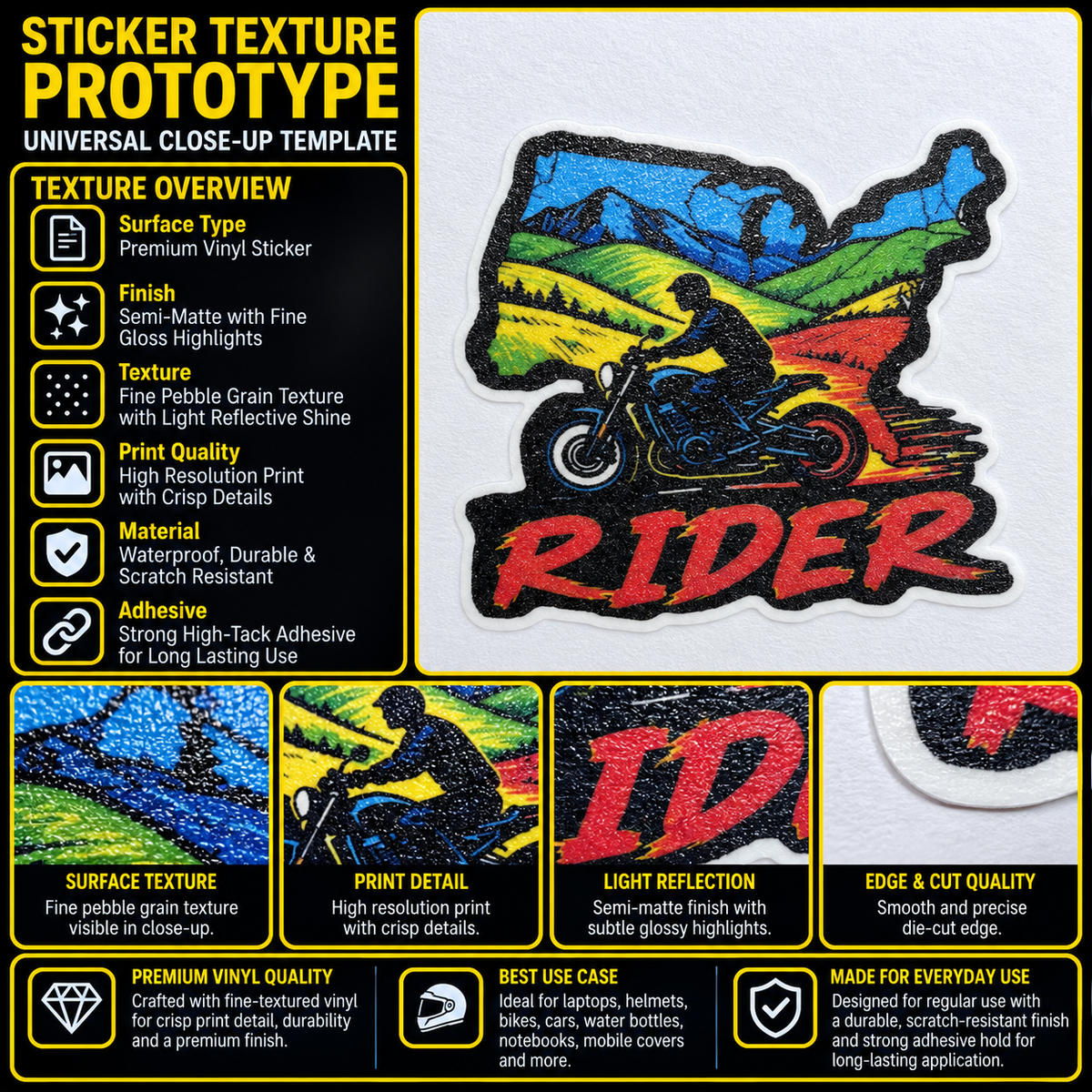 Rider Motorcycle Sticker premium vinyl texture and print quality infographic