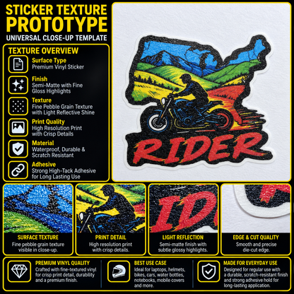 Rider Motorcycle Sticker premium vinyl texture and print quality infographic