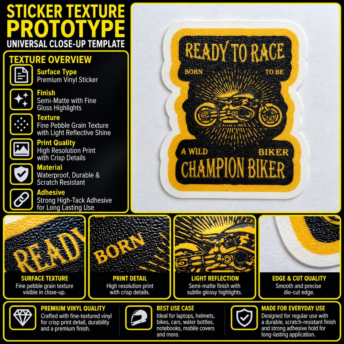 Ready to Race Motorcycle Sticker premium vinyl texture infographic showing print detail, semi-matte finish and die-cut edge