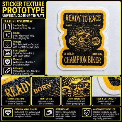 Ready to Race Motorcycle Sticker premium vinyl texture infographic showing print detail, semi-matte finish and die-cut edge
