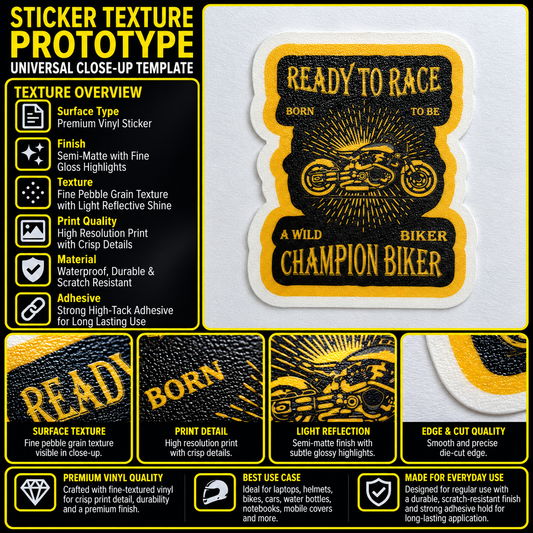 Ready to Race Motorcycle Sticker premium vinyl texture infographic showing print detail, semi-matte finish and die-cut edge
