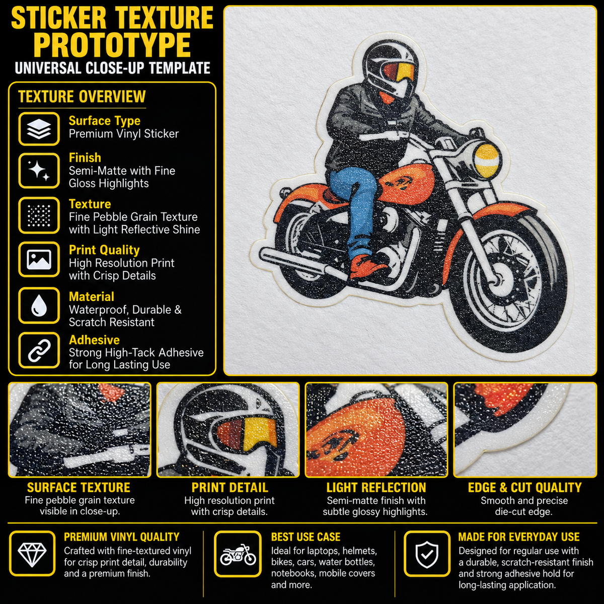 Bullet Rider premium vinyl sticker showing fine pebble texture, semi-matte finish, crisp print detail and precision die-cut edge