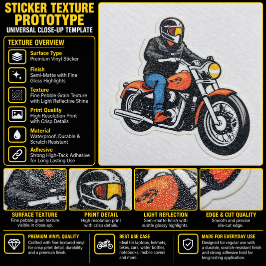 Bullet Rider premium vinyl sticker showing fine pebble texture, semi-matte finish, crisp print detail and precision die-cut edge