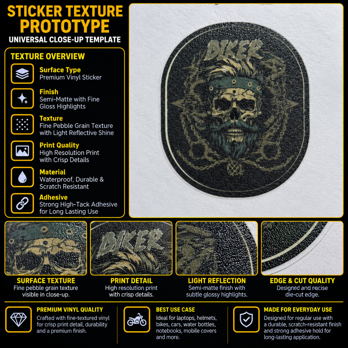 Biker Skeleton Mustache premium vinyl sticker showing fine pebble grain texture, semi-matte finish, crisp skull artwork and precision-cut edge