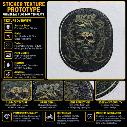 Biker Skeleton Mustache premium vinyl sticker showing fine pebble grain texture, semi-matte finish, crisp skull artwork and precision-cut edge