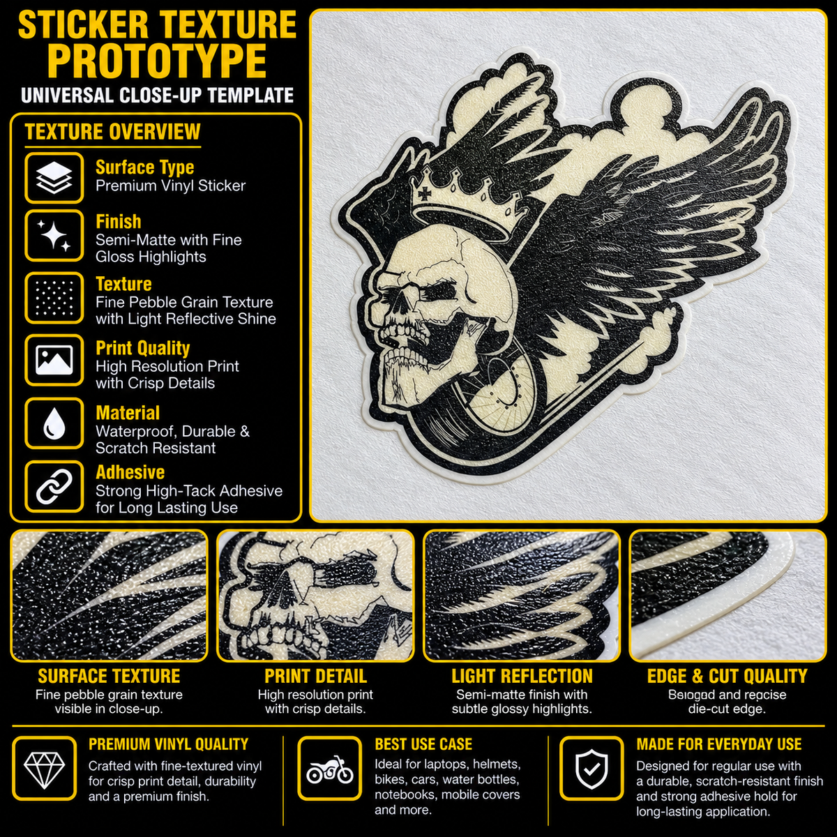 Skeleton wings skull sticker premium vinyl texture infographic showing fine pebble grain, crisp print detail and precise die-cut edge
