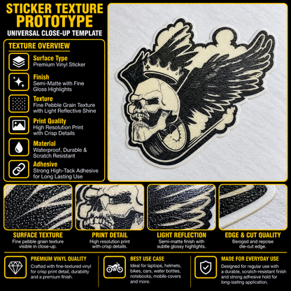 Skeleton wings skull sticker premium vinyl texture infographic showing fine pebble grain, crisp print detail and precise die-cut edge