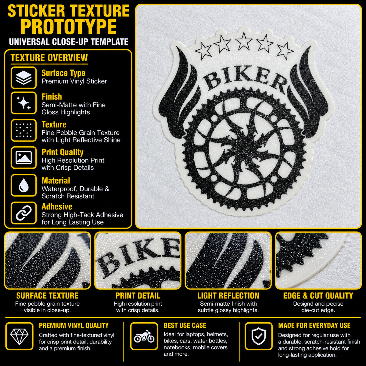 Biker Bike Plate premium vinyl sticker showing fine pebble grain texture, black and white print, semi-matte finish and precision die-cut edge