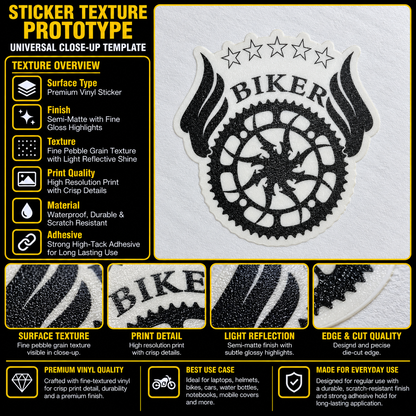 Biker Bike Plate premium vinyl sticker showing fine pebble grain texture, black and white print, semi-matte finish and precision die-cut edge