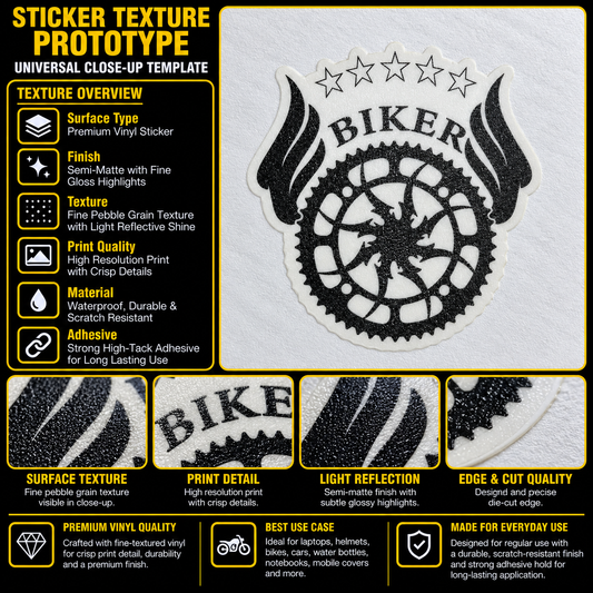 Biker Bike Plate premium vinyl sticker showing fine pebble grain texture, black and white print, semi-matte finish and precision die-cut edge