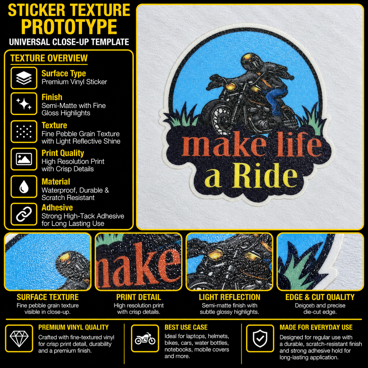 Make Life a Ride motorcycle sticker texture infographic showing premium vinyl, semi-matte finish, fine pebble grain, crisp print and die-cut edge