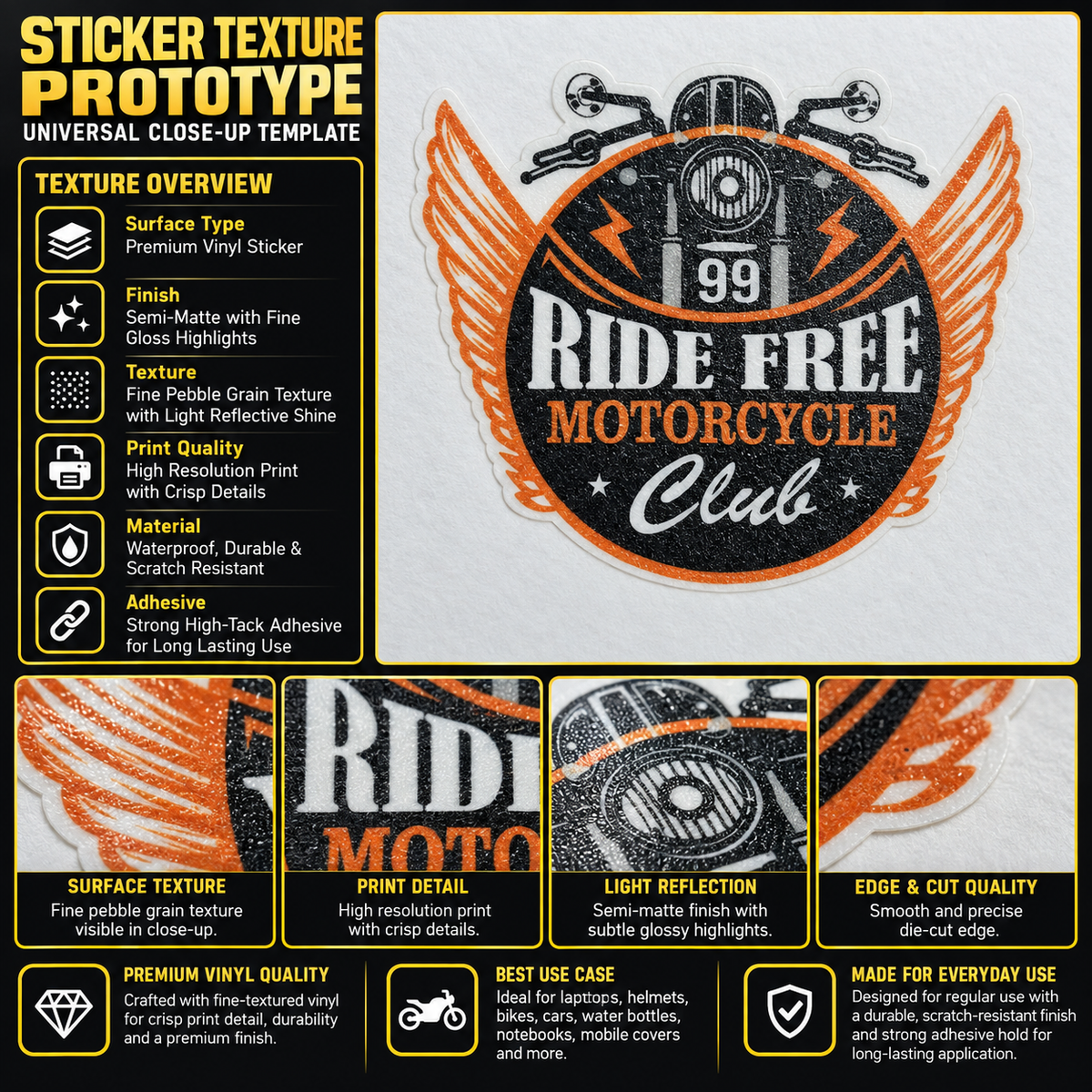 Ride Free Motorcycle Club biker sticker premium vinyl texture and print quality infographic