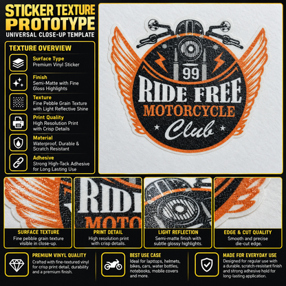 Ride Free Motorcycle Club biker sticker premium vinyl texture and print quality infographic