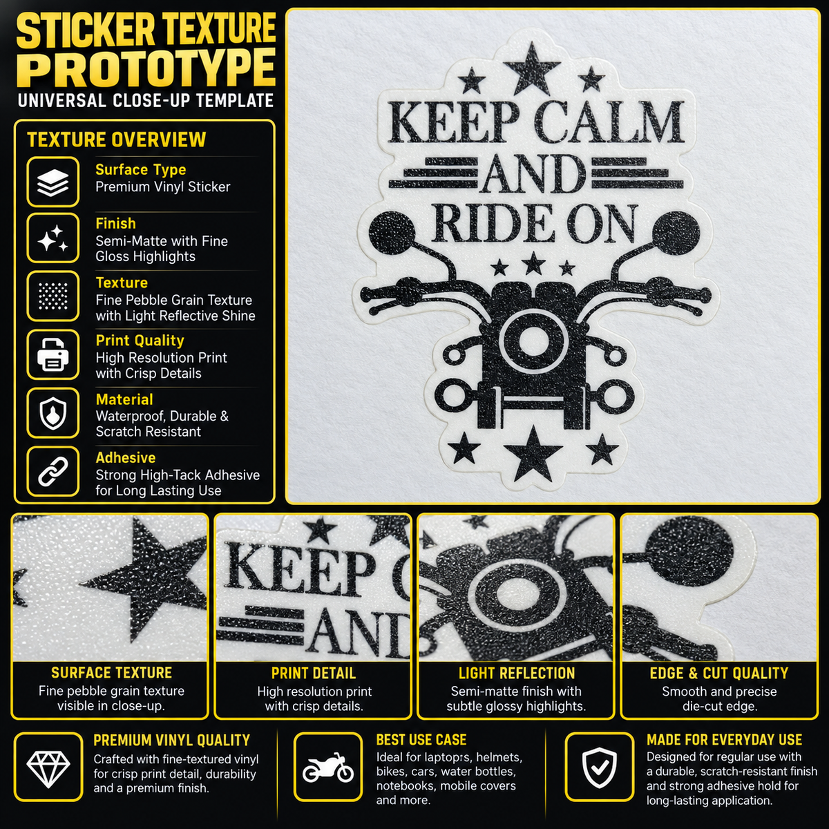 Keep Calm and Ride On sticker texture infographic showing premium vinyl, semi-matte finish, fine pebble grain and crisp print details