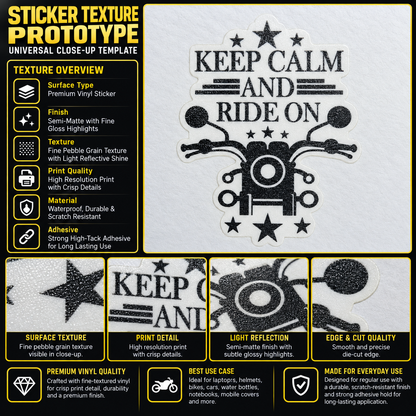 Keep Calm and Ride On sticker texture infographic showing premium vinyl, semi-matte finish, fine pebble grain and crisp print details