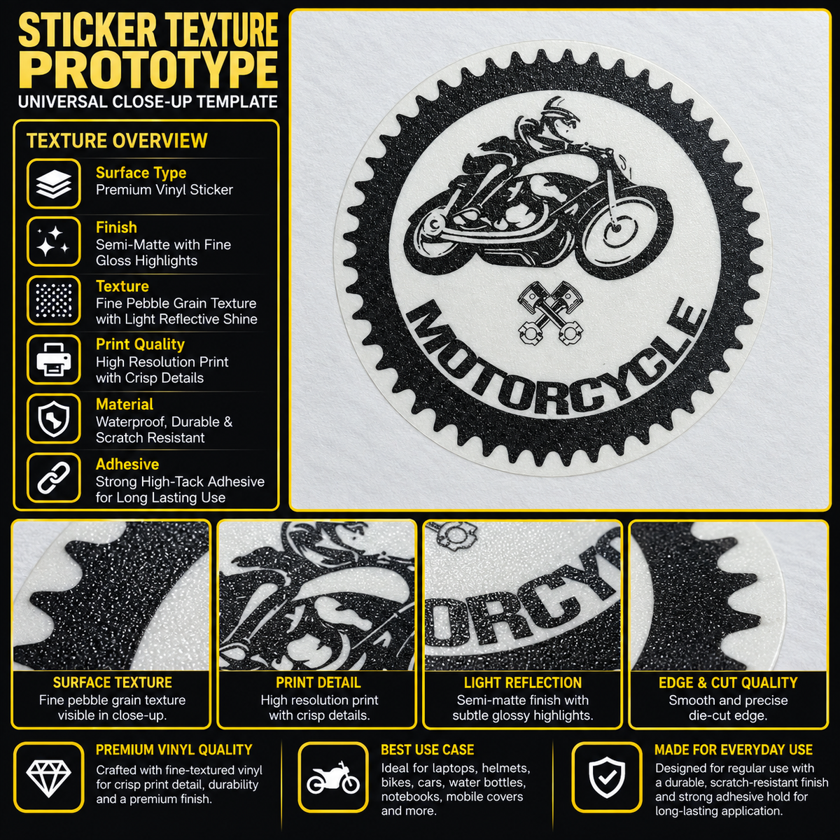 Motorcycle round premium vinyl sticker texture infographic showing semi-matte finish, crisp print and smooth die-cut edge