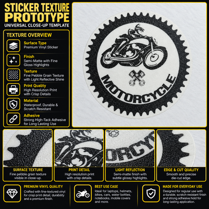 Motorcycle round premium vinyl sticker texture infographic showing semi-matte finish, crisp print and smooth die-cut edge