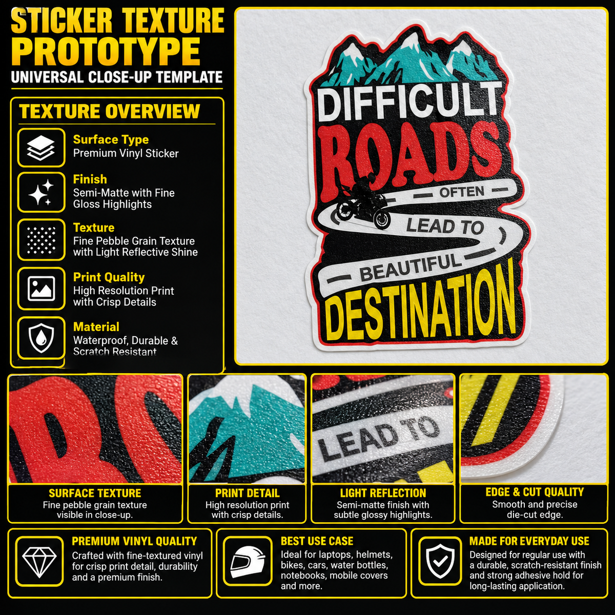 Difficult Roads premium vinyl sticker with adventure quote, mountain graphic, fine textured finish and precision die-cut edge