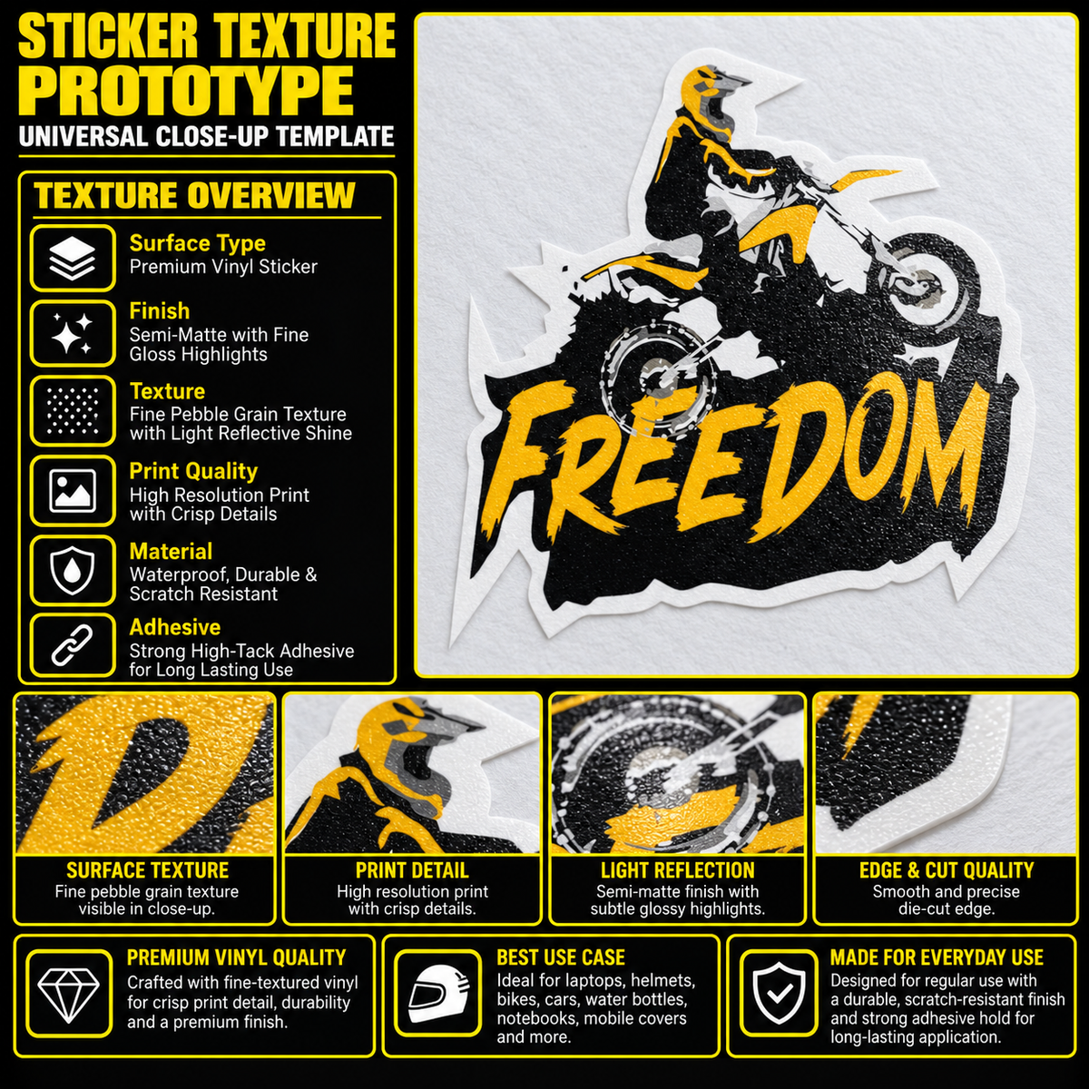 Freedom dirt bike rider vinyl sticker texture, print quality, semi-matte finish and die-cut edge infographic