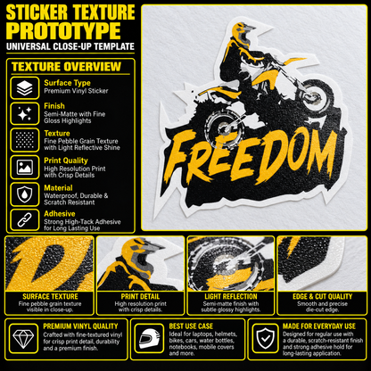Freedom dirt bike rider vinyl sticker texture, print quality, semi-matte finish and die-cut edge infographic