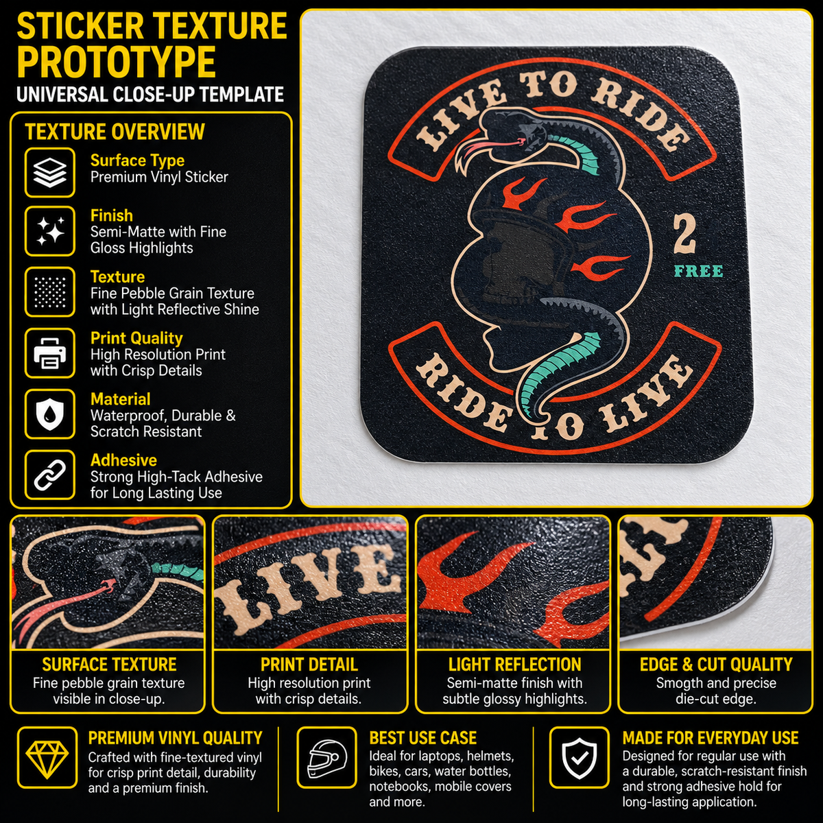 Live to Ride Ride to Live biker snake sticker texture infographic showing premium vinyl, semi-matte finish, fine pebble grain and crisp print detail