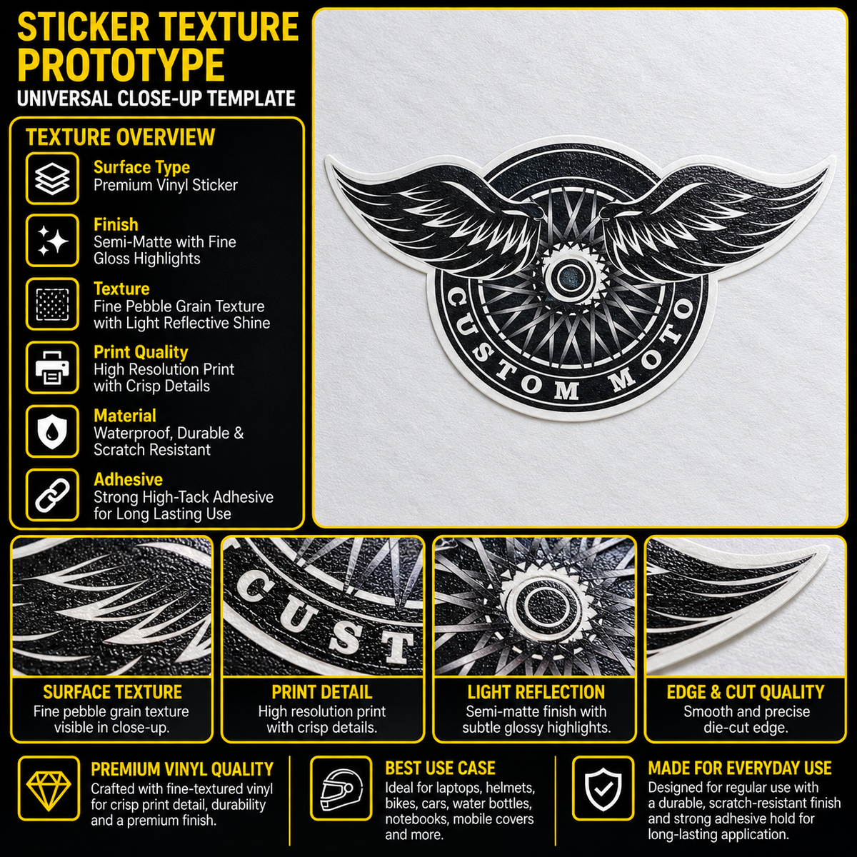 Custom Moto premium vinyl sticker with winged motorcycle wheel artwork, fine textured semi-matte finish and precision die-cut edge