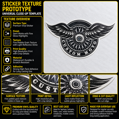 Custom Moto premium vinyl sticker with winged motorcycle wheel artwork, fine textured semi-matte finish and precision die-cut edge