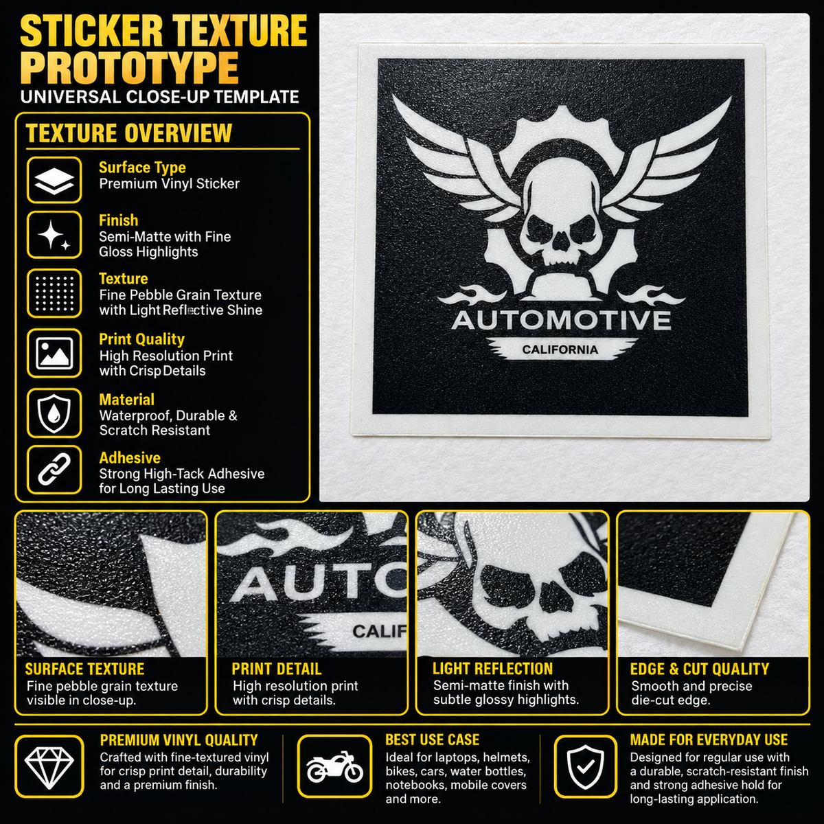 Automotive Skull premium vinyl sticker showing fine pebble grain texture, semi-matte finish, crisp print and precision-cut square edge