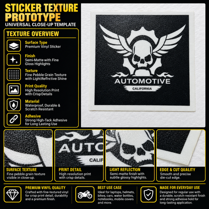 Automotive Skull premium vinyl sticker showing fine pebble grain texture, semi-matte finish, crisp print and precision-cut square edge
