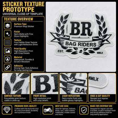 Bag Riders premium vinyl sticker showing fine pebble grain texture, semi-matte finish, crisp black print and precision die-cut edge