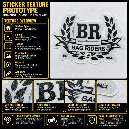 Bag Riders premium vinyl sticker showing fine pebble grain texture, semi-matte finish, crisp black print and precision die-cut edge