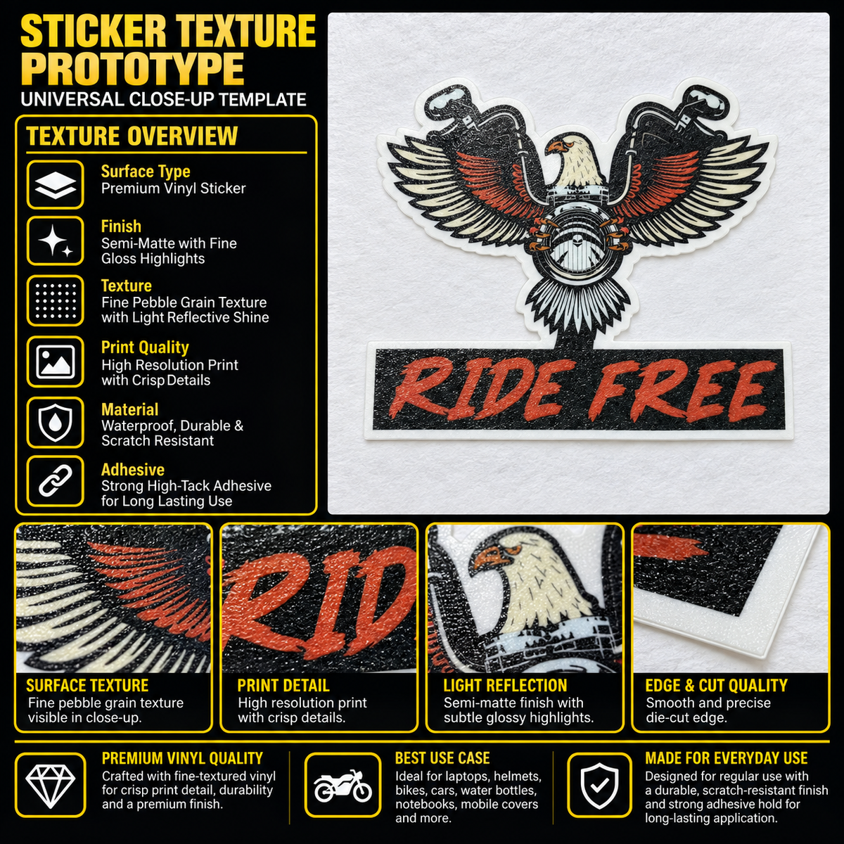 Ride Free Motorcycle Sticker premium vinyl texture infographic showing semi-matte finish, print detail, surface texture and die-cut edge