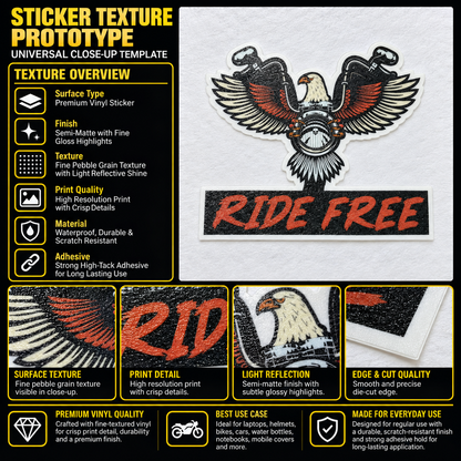 Ride Free Motorcycle Sticker premium vinyl texture infographic showing semi-matte finish, print detail, surface texture and die-cut edge