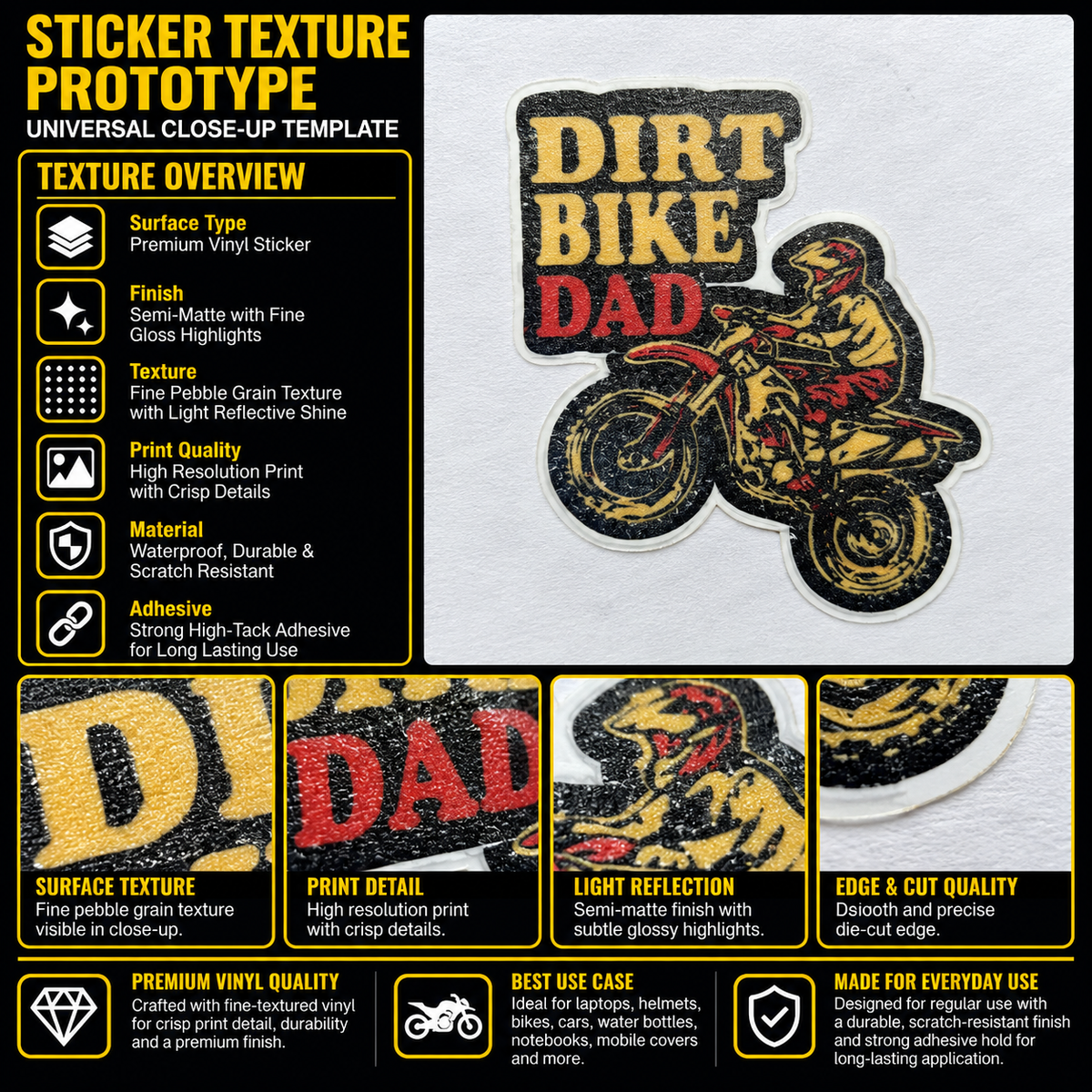 Dirt Bike Dad premium vinyl sticker with motocross rider graphic, textured semi-matte finish and precise die-cut edge