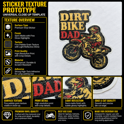 Dirt Bike Dad premium vinyl sticker with motocross rider graphic, textured semi-matte finish and precise die-cut edge